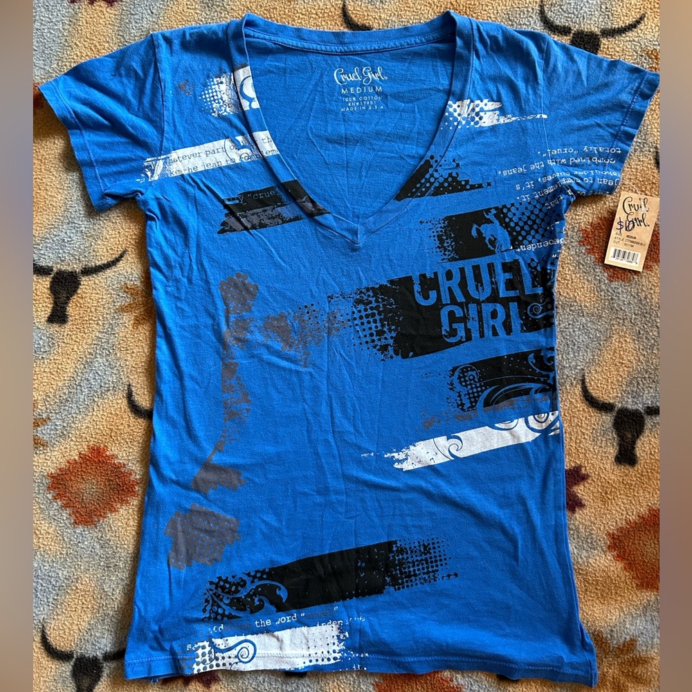 New w/ tags. Cruel Girl t-shirt. Blue/black/white. Size Medium.